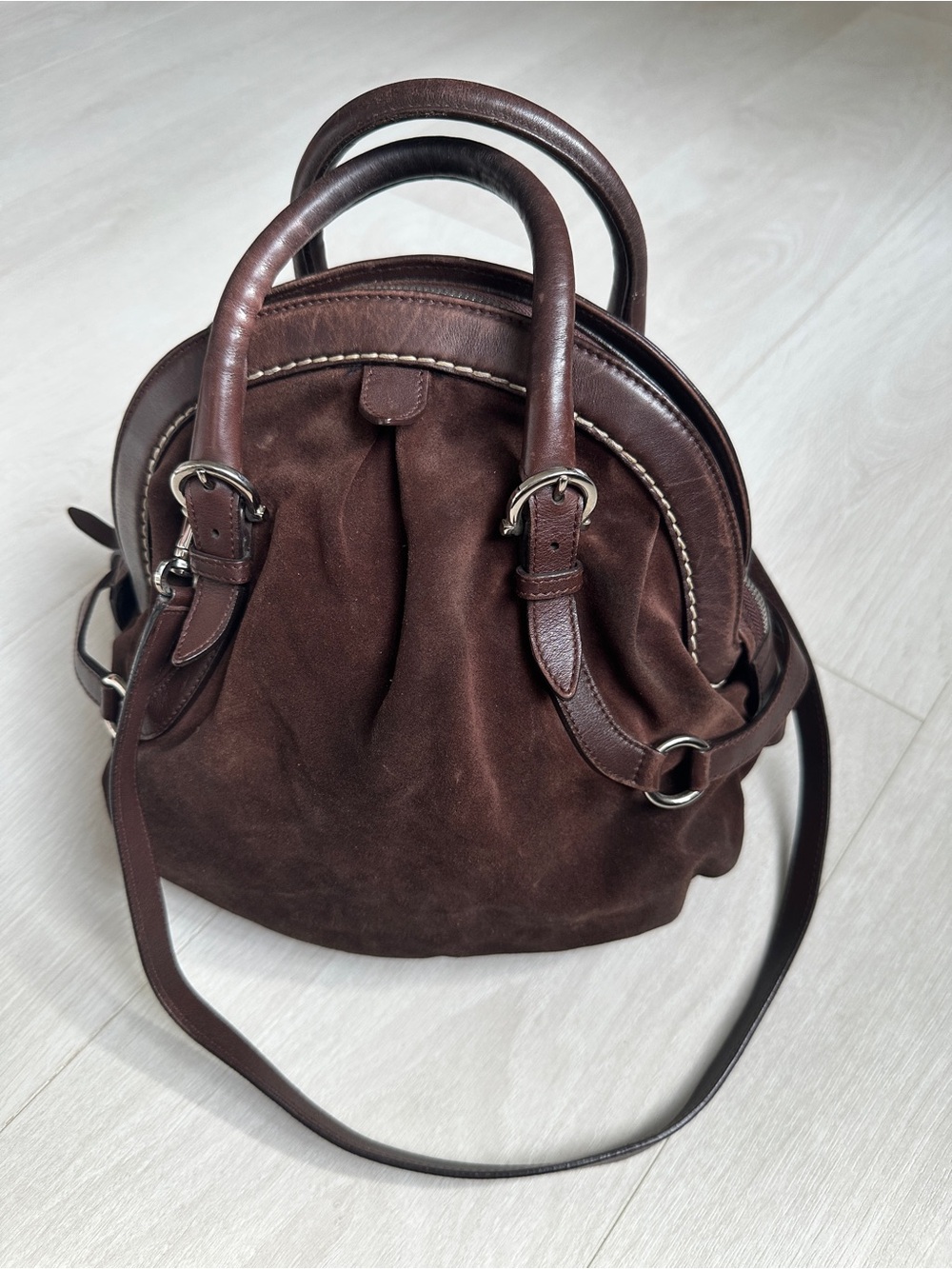 Vtg Salvatore Ferragamo Chocolate Suede & Leather Handbag Shoulder Bag Dome Bag